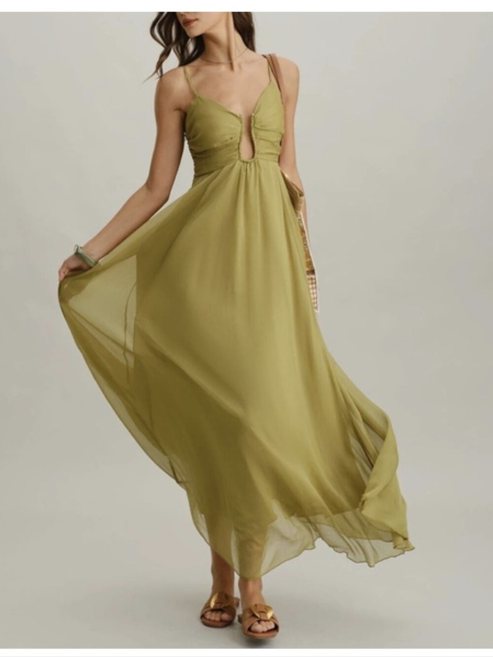Rihoas Green Ruched Slip Flowy Maxi Dress Size Medium